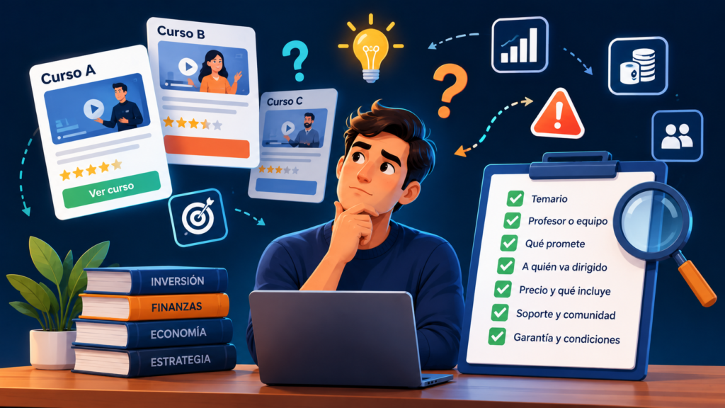 Persona analizando cómo elegir un curso de inversión, comparando formaciones y revisando temario, profesor, precio y condiciones antes de pagar.