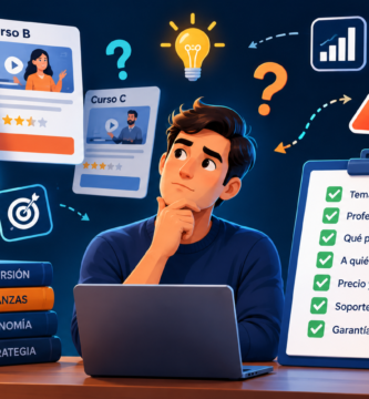 Persona analizando cómo elegir un curso de inversión, comparando formaciones y revisando temario, profesor, precio y condiciones antes de pagar.